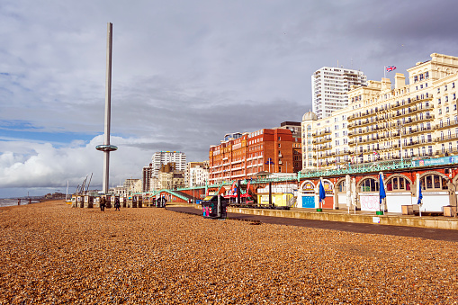 Brighton and Hove, East Sussex, UK - November 4, 2019: A view Brighton beach and waterfront area.