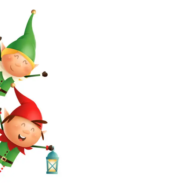 Vector illustration of Christmas Elves girl and boy peeking on left side - vector illustration isolated on transparent background