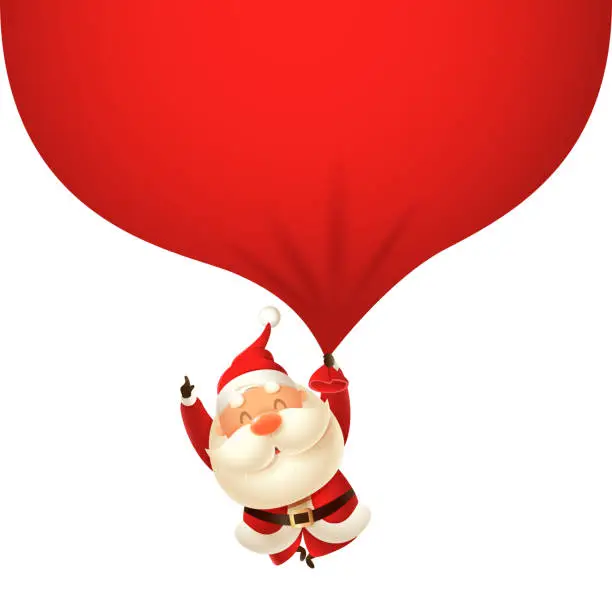 Vector illustration of Cute Santa Claus falling with huge gift bag - vector illustration isolated on transparent background