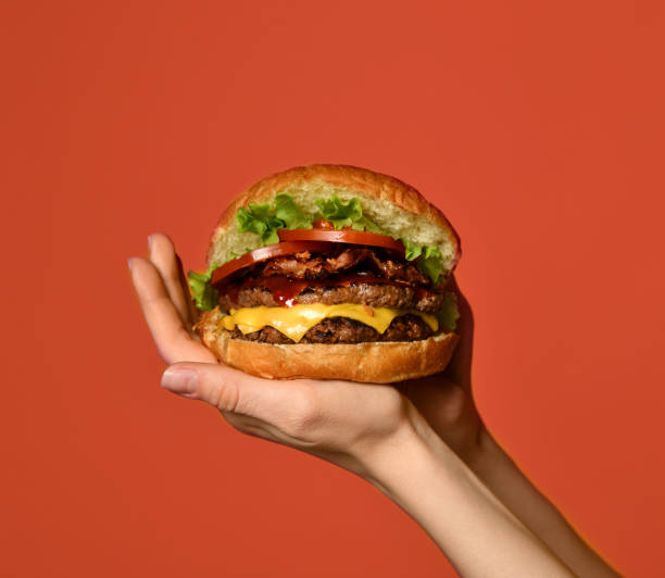 Woman hands hold big double cheeseburger barbeque sandwich with marble beef on orange red stock photo