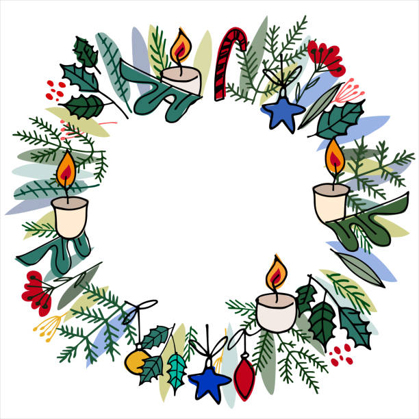 adventskranz. rahmen mit tannenbaumzweigen, weihnachtskugel, ornamenten, kerzen - adventskranz stock-grafiken, -clipart, -cartoons und -symbole