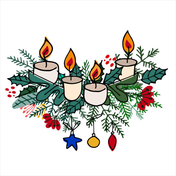 adventskranz mit christbaumzweigen, kugeln, ornamenten, kerzen - adventskranz stock-grafiken, -clipart, -cartoons und -symbole