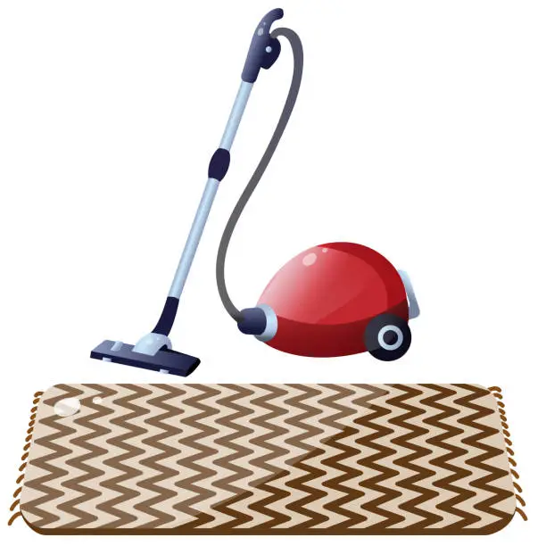 Vector illustration of Color image of vacuum cleaner or hoover with carpet on white background. Tools for cleaning and housework. Household equipment. Vector illustration.