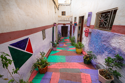 Fez, Morocco. November 9, 2019.  the colored walls of old houses in the old Jewish quarter