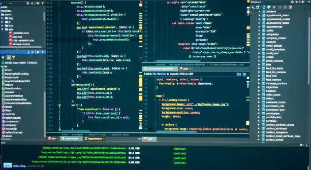 Photo of Ðatabase structure, code structure, concole, logs, frontend, markup, Javascript source code for application development. Programmer workflow