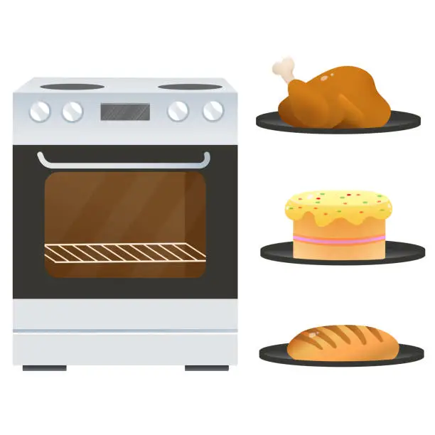 Vector illustration of Color image of electric oven or stove with platters of fried chicken, of cake and bread on white background. Kitchen and cooking. Household equipment. Vector illustration set.
