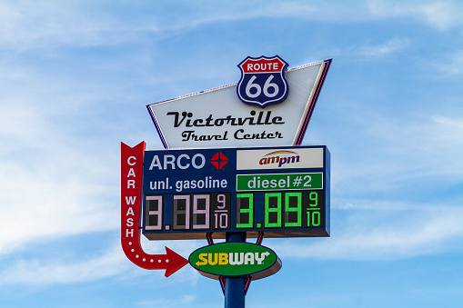 Victorville, CA / USA – November 13, 2019: The Arco Route 66 Victorville Travel Center is located off the I-15 on D Street (old Route 66) in Victorville, CA