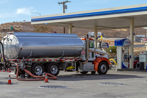Victorville, CA / USA – November 13, 2019: A gas tanker trunk servicing the Arco gas station  on D Street in Victorville, California.