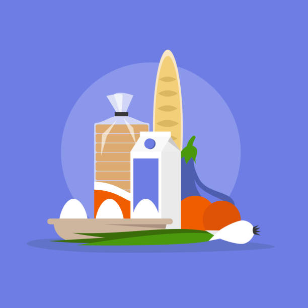 ilustrações de stock, clip art, desenhos animados e ícones de grocery store, a set of vegetables, eggs, bread and milk, healthy organic food - pão fresco