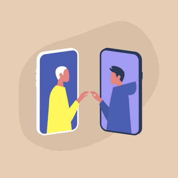 nowoczesny serwis randkowy, dwie homoseksualne postacie dotykające sobie nawzajem rąk przez ekrany smartfonów - homosexual couple illustrations stock illustrations