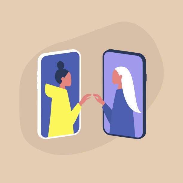 ilustrações, clipart, desenhos animados e ícones de serviço de namoro moderno, duas personagens femininas tocando as mãos uma da outra através das telas do smartphone - internet dating dating togetherness internet