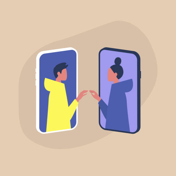 Modern dating service, two characters touching each other's hands through the smartphone screens Modern dating service, two characters touching each other's hands through the smartphone screens through stock illustrations