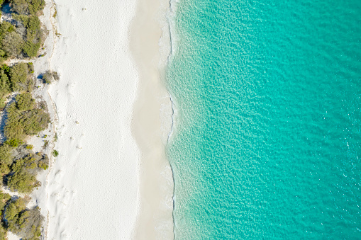 Aerial view of white sand beach, Jervis Bay, New South Wales, Australia.