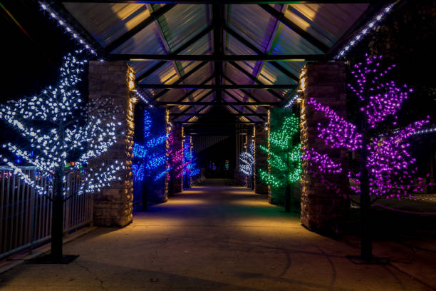 istock Covered walkway adorned with colorful Holiday Christmas Trees, centered room for text copy 1188518562