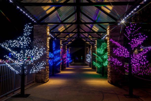 istock Covered walkway adorned with colorful Holiday Christmas Trees, centered room for text copy 1188518563