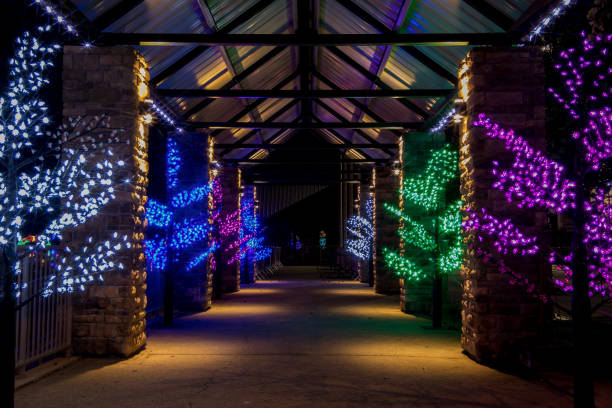 istock Covered walkway adorned with colorful Holiday Christmas Trees, centered room for text copy 1188518565