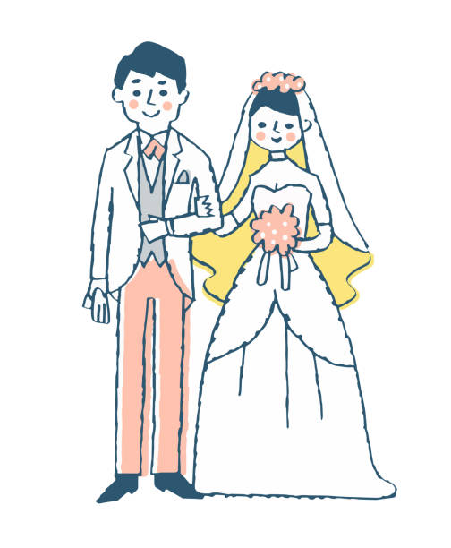ilustraciones, imágenes clip art, dibujos animados e iconos de stock de novia y novio de pie con una sonrisa - young women wedding married engagement ring