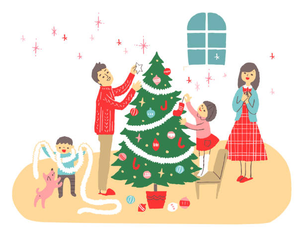 illustrations, cliparts, dessins animés et icônes de arbre et famille de noel dans la chambre - white background decor religious celebration christmas