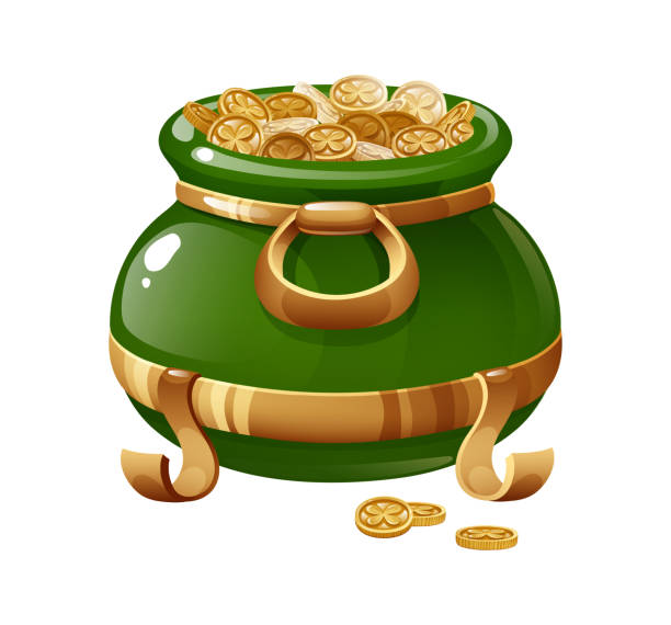 istock Traditional symbolic pot filled with gold coins depicting four-leaf clover. 1188527695