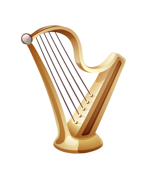 ilustrações, clipart, desenhos animados e ícones de bela harpa dourada com cinco cordas. instrumento de cordas musicais clássico. - musical instrument string illustrations