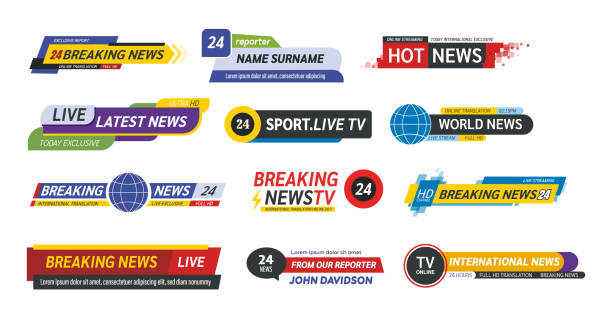 TV title news bar logos, news feeds, television, radio channels. TV title news bar logos, news feeds, television, radio channels. Banner of live television broadcast media title, streaming show news sport channel media tv bar vector isolated news event illustrations stock illustrations