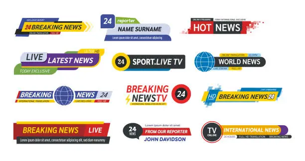 Vector illustration of TV title news bar logos, news feeds, television, radio channels.