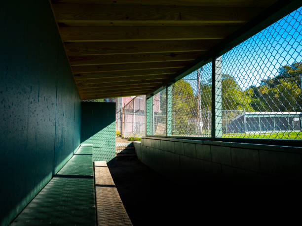 Brightly sun-lit home team baseball dugout with view of away team dugout View of opposite dugout from inside small baseball dugout dugout stock pictures, royalty-free photos & images