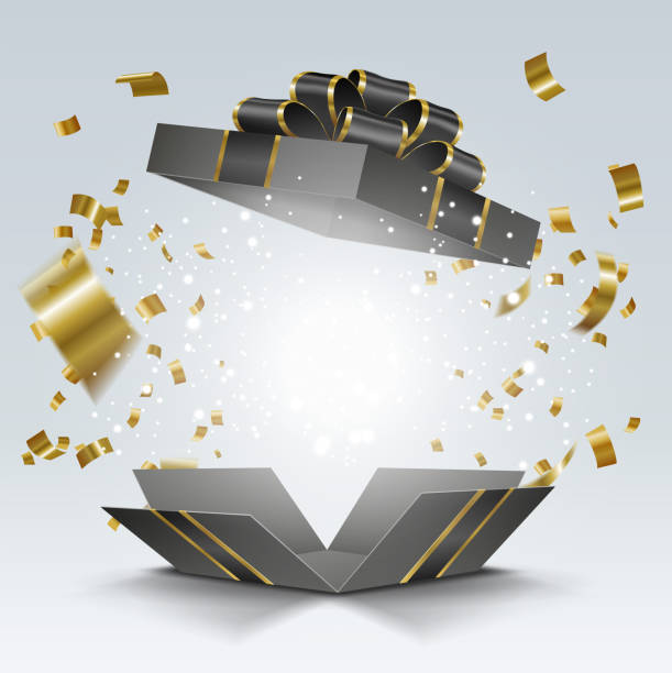 ilustraciones, imágenes clip art, dibujos animados e iconos de stock de caja de regalo negra abierta con confeti dorado para la venta de viernes negro - black ribbon gift bow