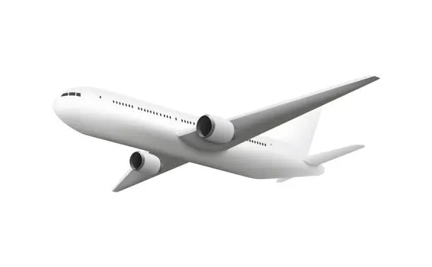 Vector illustration of Realistic airplane flying overhead, jet aircraft mockup with blank fuselage