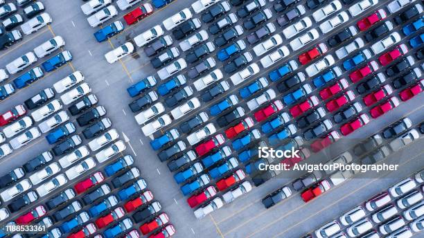 Aerial View New Cars For Sale Stock Lot Row New Cars Dealer Inventory Import Export Business Logistic Global Stock Photo - Download Image Now