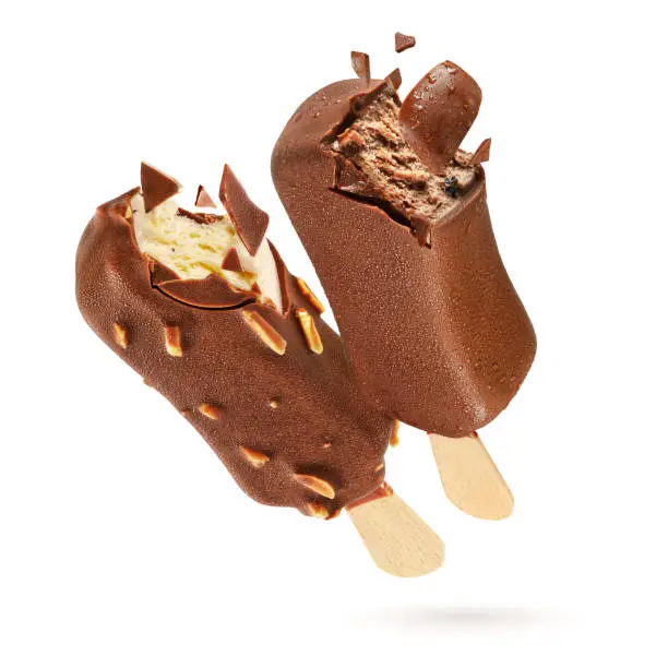 Two bitten chocolate ice creams popsicle with coating isolated on white background