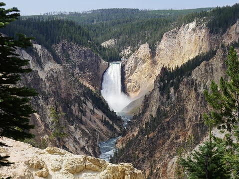 View of the Lower Yellowstone Falls from the Artist Point, one of the most visited sites at the Yellowstone National Park in Wyoming.