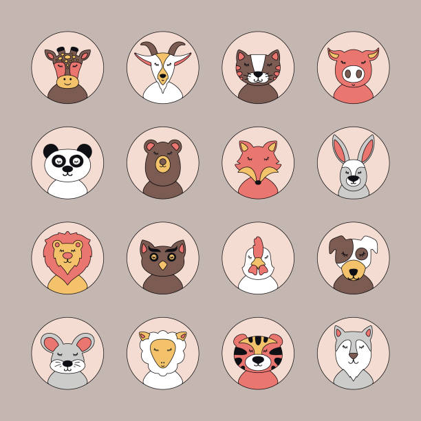 ÐÑновнÑе RGB Flat style illustration with giraffe, goat, cat, pig, panda, bear, fox, rabbit, mouse, lamb, tiger, wolf, lion, owl, chicken, dog.
Cartoon vector set of animals wolf and lamb stock illustrations