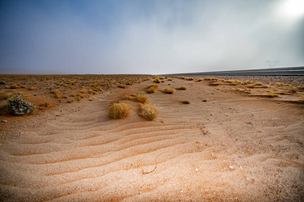 Sun burns through fog in desert near Lüderitz, Namibia