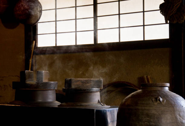 A traditional Japanese kitchen that uses firewood to cook.