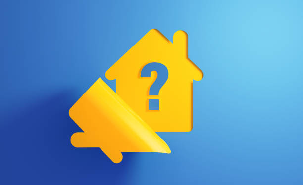 Yellow house icon on blue background. There is a question mark icon on the chat bubble. Horizontal composition with copy space.