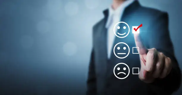 Photo of Businessmen choose to rating score happy icons. Customer service experience and business satisfaction survey concept