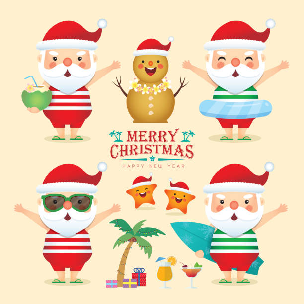 Summer christmas - set of cartoon santa flat design Set of summer christmas elements in flat vector design. Cute cartoon santa claus wearing sunglasses, tank top, short pants & slippers with cute starfish & sandman. Hot christmas item collection. starfish sunglasses stock illustrations