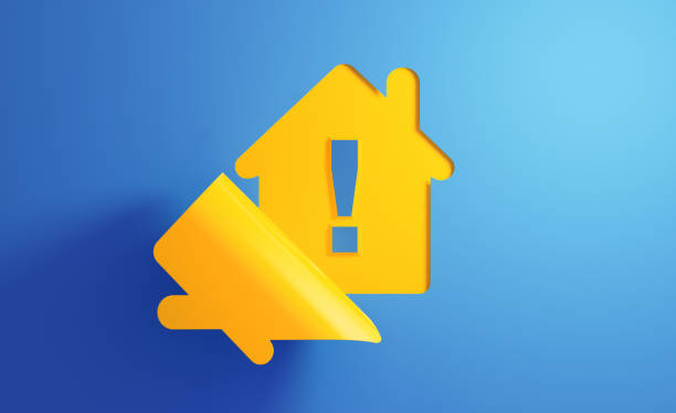 Yellow house icon on blue background. There is an exclamation point on the chat bubble. Horizontal composition with copy space.