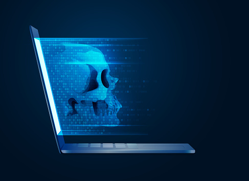 concept of computer virus or hacker, graphic of realistic skull with computer and binary code