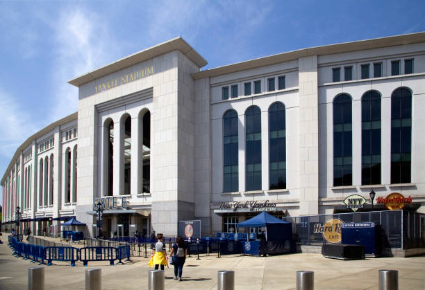 Railings set up for crowd control outside Yankee Stadium before game stock photo