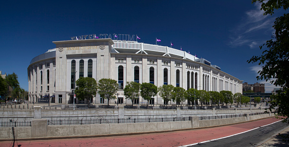 BRONX, NEW YORK/USA - May 21, 2019: Wide angle view of Yankee Stadium and nearby street.