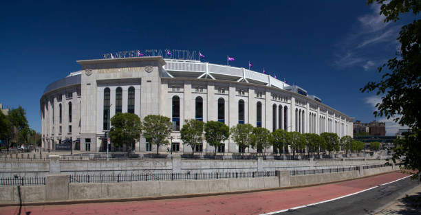 Wide angle view of Yankee Stadium and nearby street. stock photo