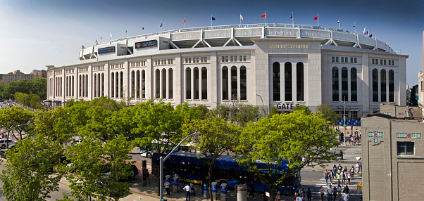 BRONX, NEW YORK/USA - August 19, 2019: Wide angle view of Yankee Stadium during the day.