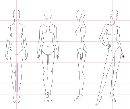 Technical Drawing Of Womans Figure Sketch Vector Thin Line Girl Model Template For Fashion Sketching Womans Body The Position Of The Hand At The Waist 10 Eps Design And Separate Layers Stock