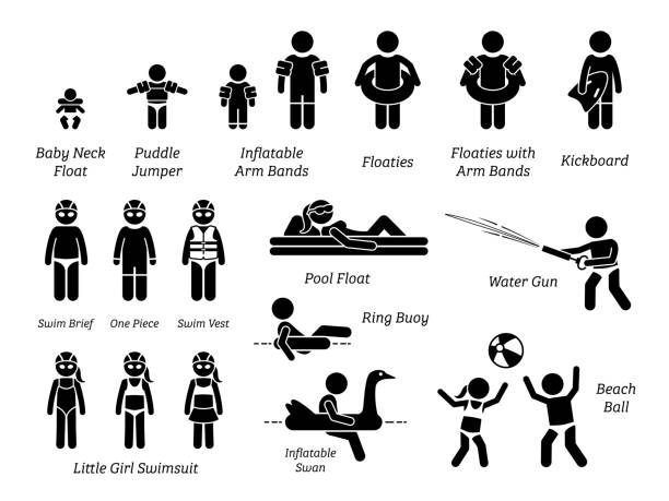 Children and kids swimming aids, safety equipment, recreational gears, and swimming pool water toys stick figure icons pictogram. Illustration cliparts of baby, toddler, and children swimming product. swimming symbols stock illustrations