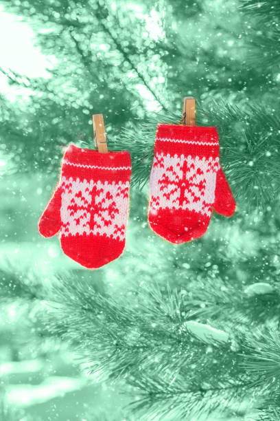 Baby red mittens on mint color background. Color trend neo mint 2020. winter still life. Winter holiday composition