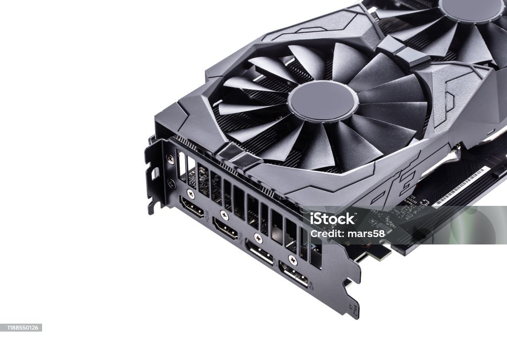 Video Graphics card with powerful GPU isolated on white background. Video Graphics card with powerful GPU isolated on white background. Professional video card  for computer. Closeup photo with shallow depth of field. Computer Graphic Stock Photo