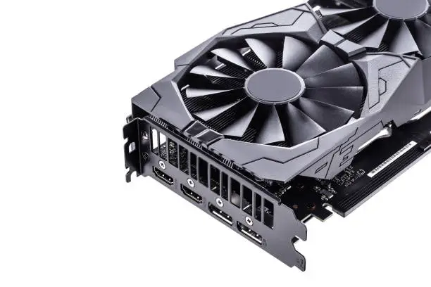 Photo of Video Graphics card with powerful GPU isolated on white background.