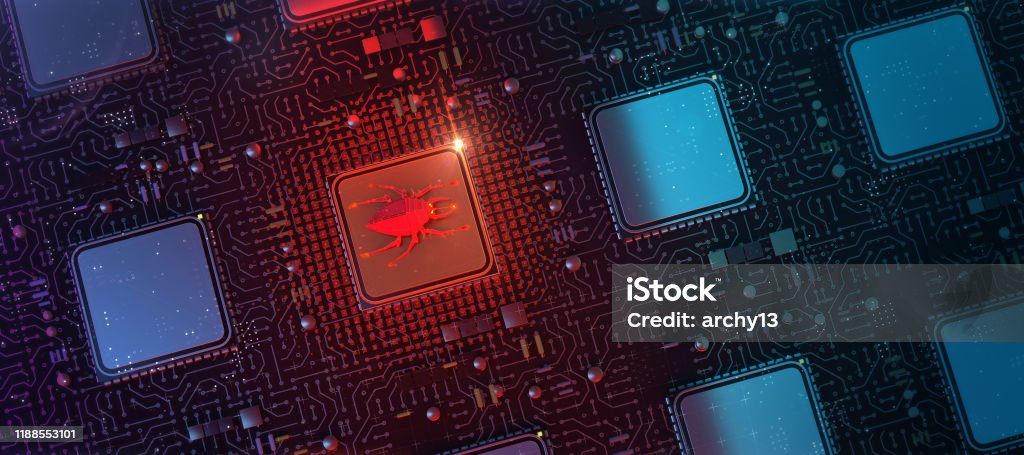 Red Computer Bug Red Glowing Compiter Bug On Infected Chip In Cyberspace 3d Redner ...
